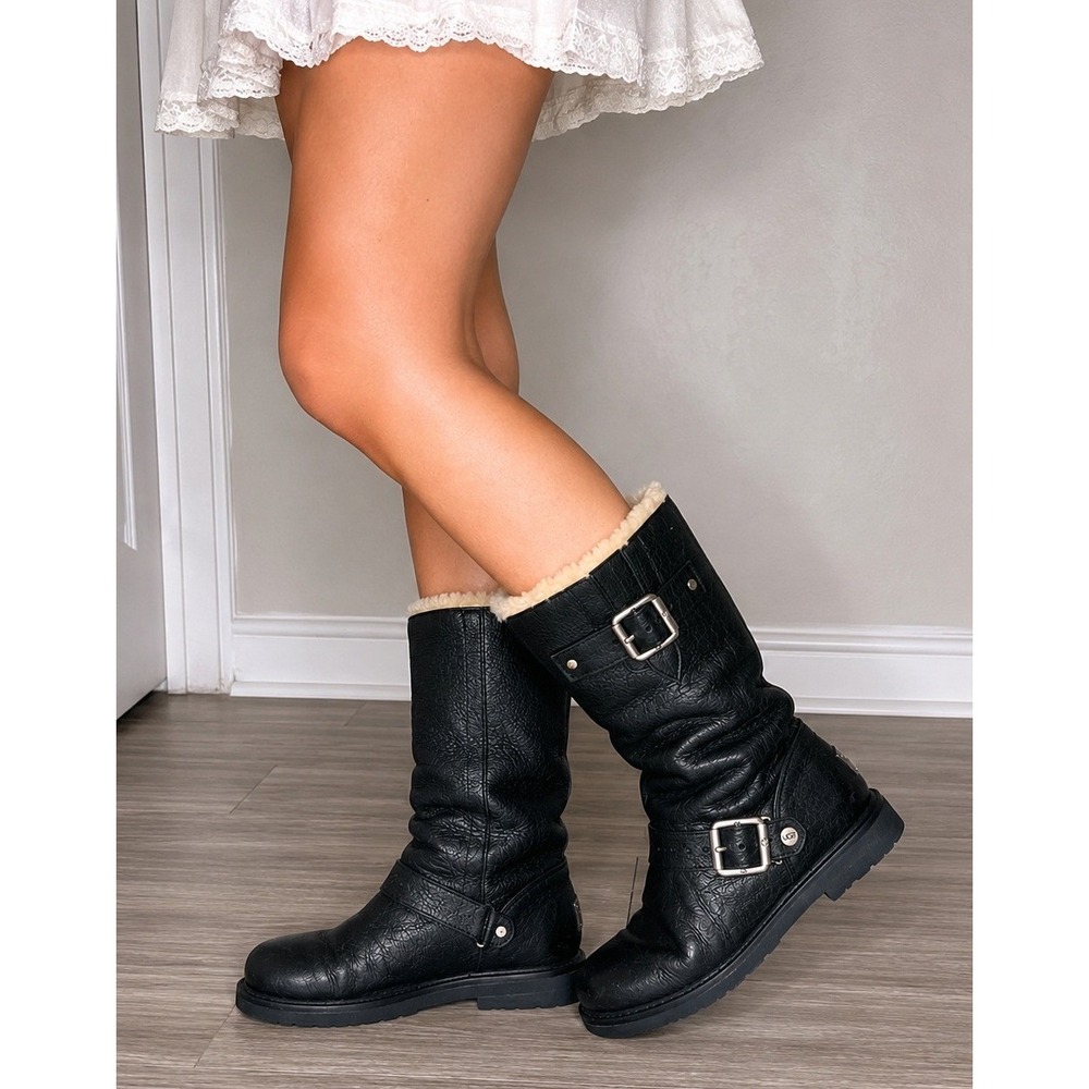 UGG Australia Kensington Black Leather Sherpa Lined Moto Biker Boots Women 9